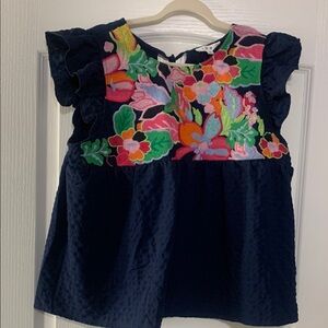 THML Embroidered Floral Boho Top | Navy Textured Ruffle Sleeve | Size L